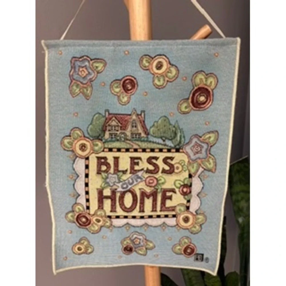 Bless Our Home Woven Tapestry Wall Hanging Cottage Floral Blue 9x12 Granny